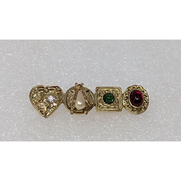 Vintage Gold Tone Bar Pin Brooch Faux Pearl Rhinestone 2 1/4" - Picture 1 of 4